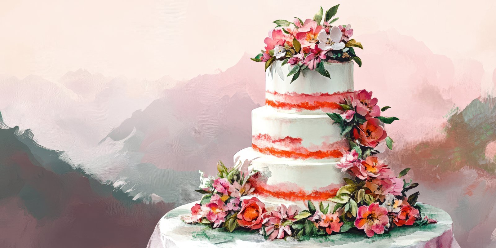 Elegant three-tier cake adorned with fresh flowers and a soft pastel backdrop